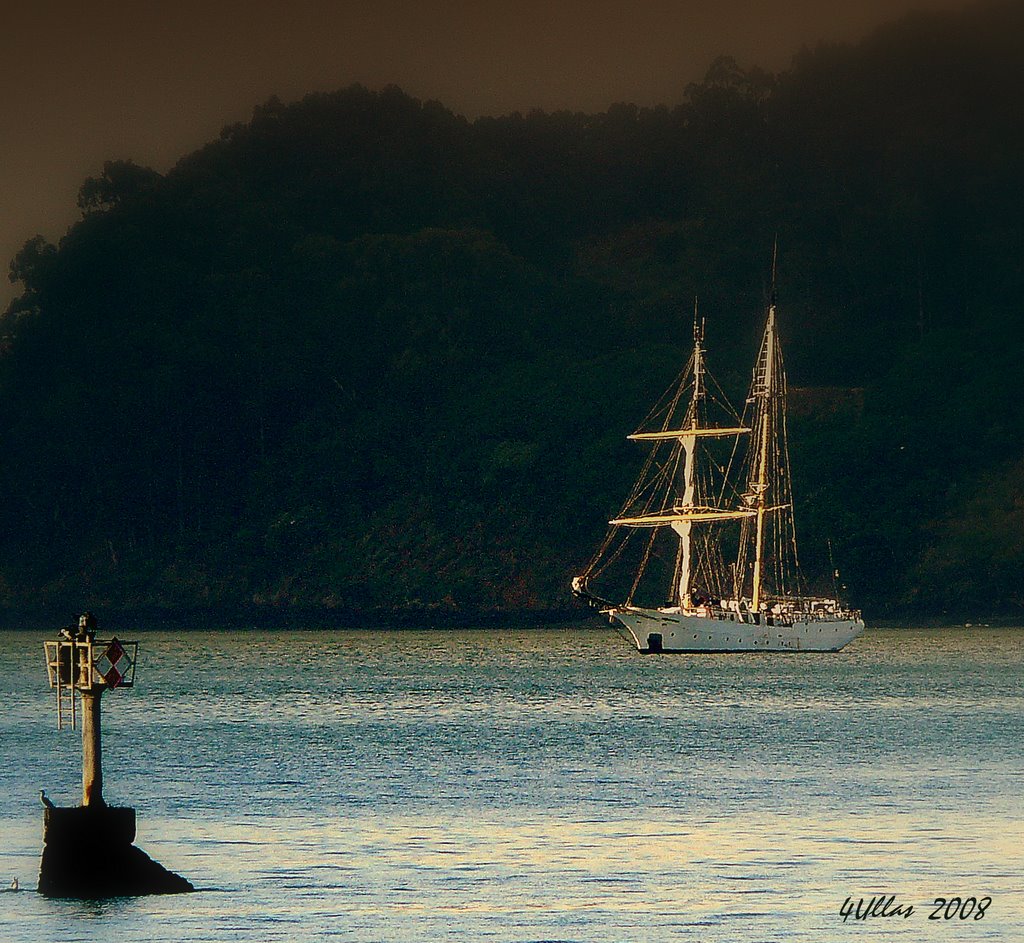 Sailboat anchored in front of Sausalito at San Francisco Bay