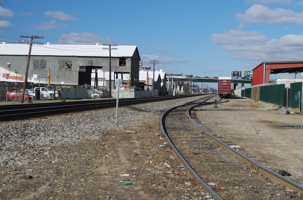 Where the spur of the tracks owned and opperated by San Joaquin Valley Railroad Co. comes off the main lines of the Union Pacific tracks and heads east along E California Ave, 1/2013