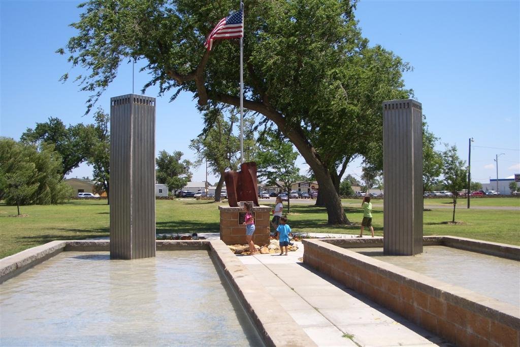 Liberty Garden, 110 in twin tower fountain with steel from NYC Trade Center, Dodge City, KS