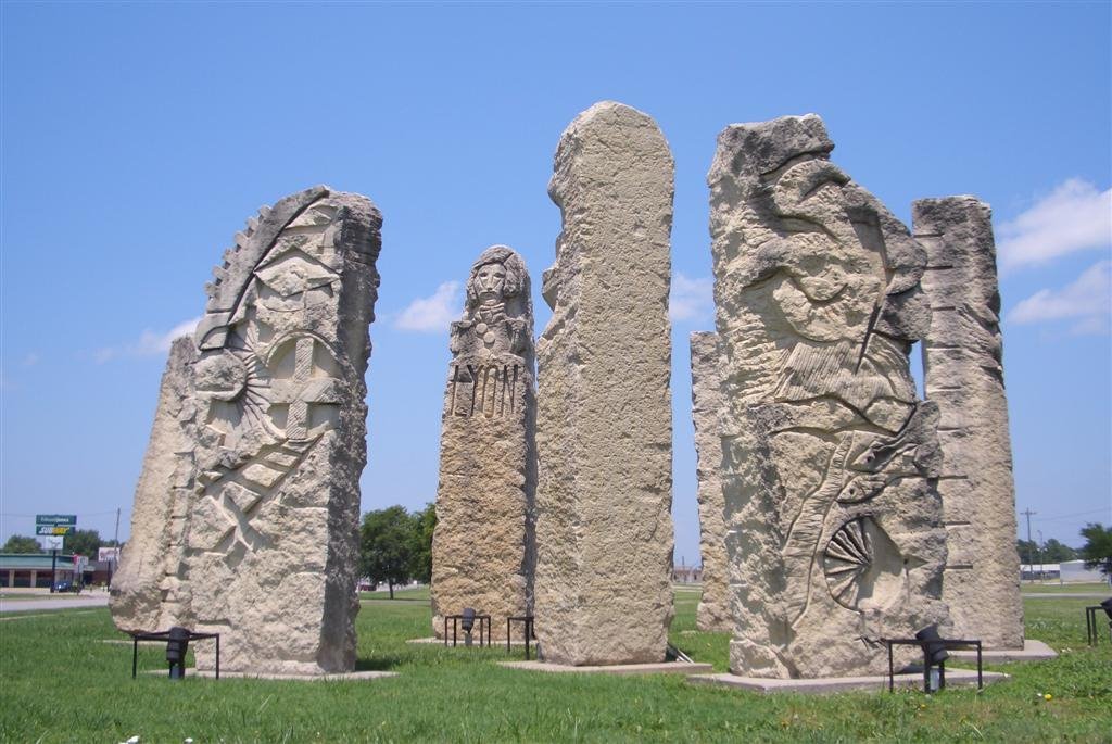 Prairie Passages, carved limestone pylons, Emporia, KS