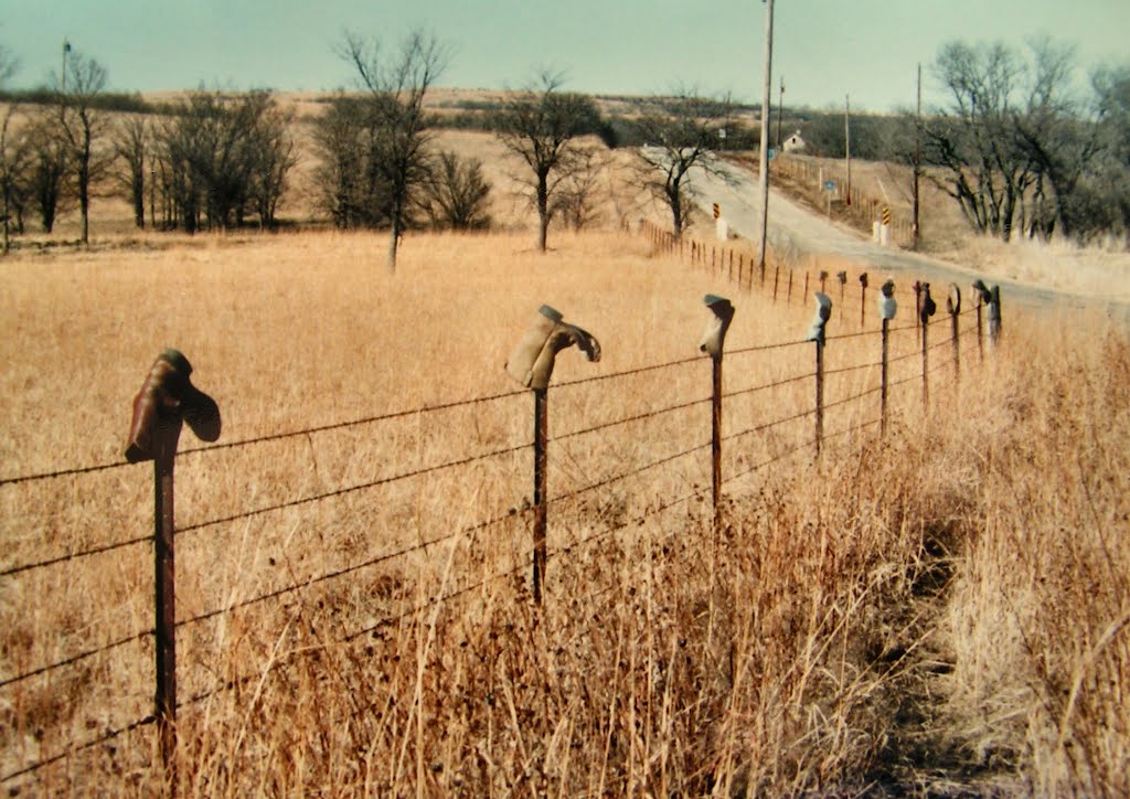 "Boot fence",  near Manhattan, Kansas, mar 4, 1994