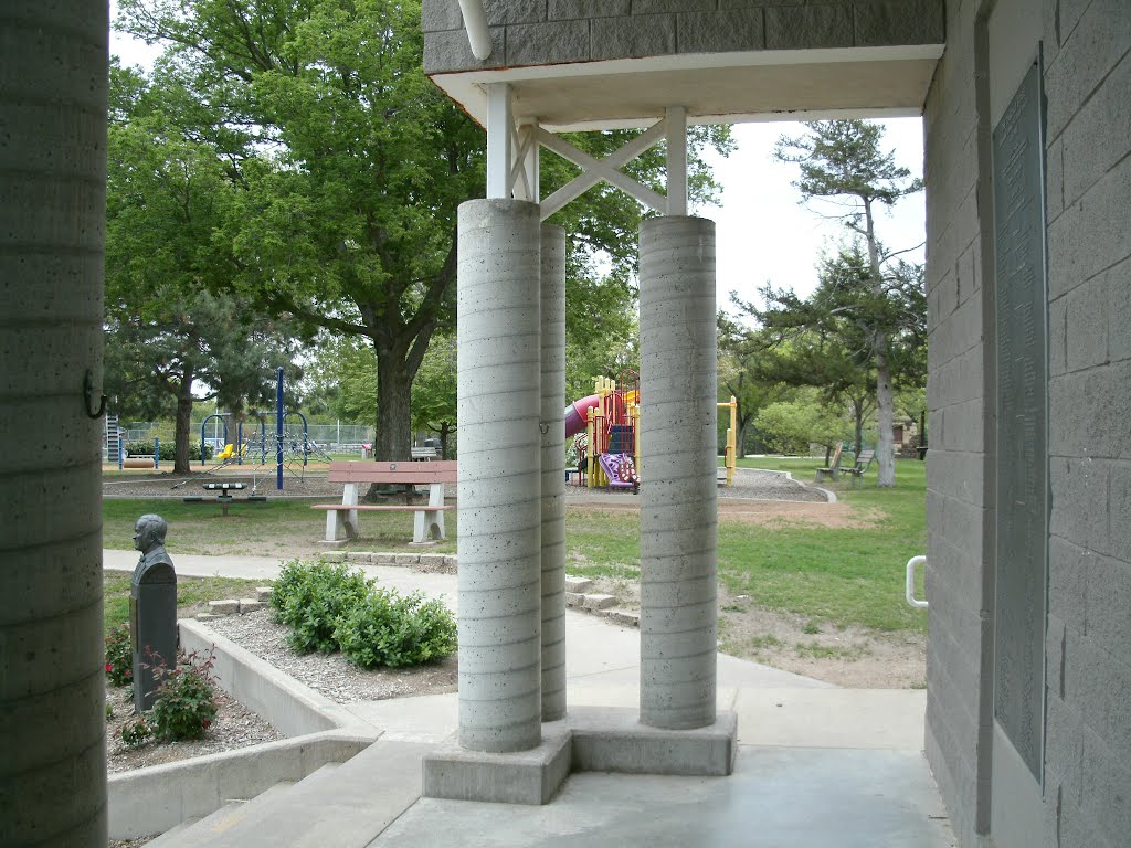 Oakdale Park, Eric Stein Stage, Sculpture bust, and Playground