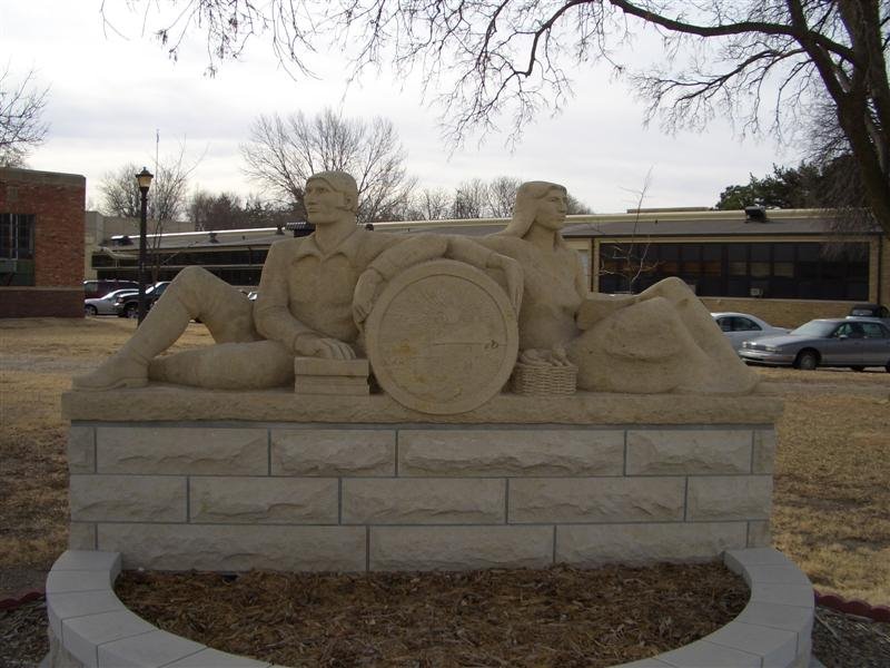 Fort Hays State University, old entrance limestone carving life-size figures by Pete Felten,Hays,KS