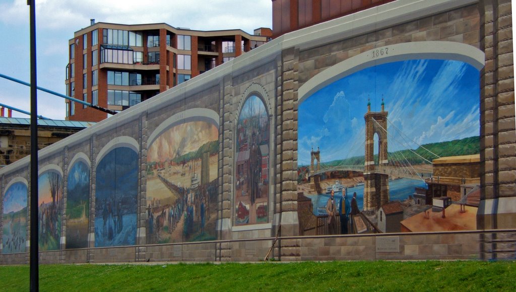 Waterfront historical mural, near Newport, KY, across the Ohio river from Cincinnati, west side of the Roebling suspension bridge.
