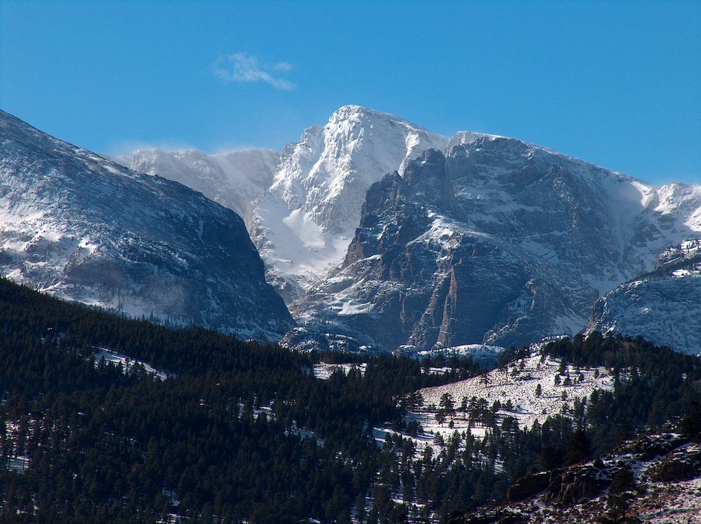 Wind driven spindrift looking toward Sky Pond, Rocky Mountain National Park, Colorado