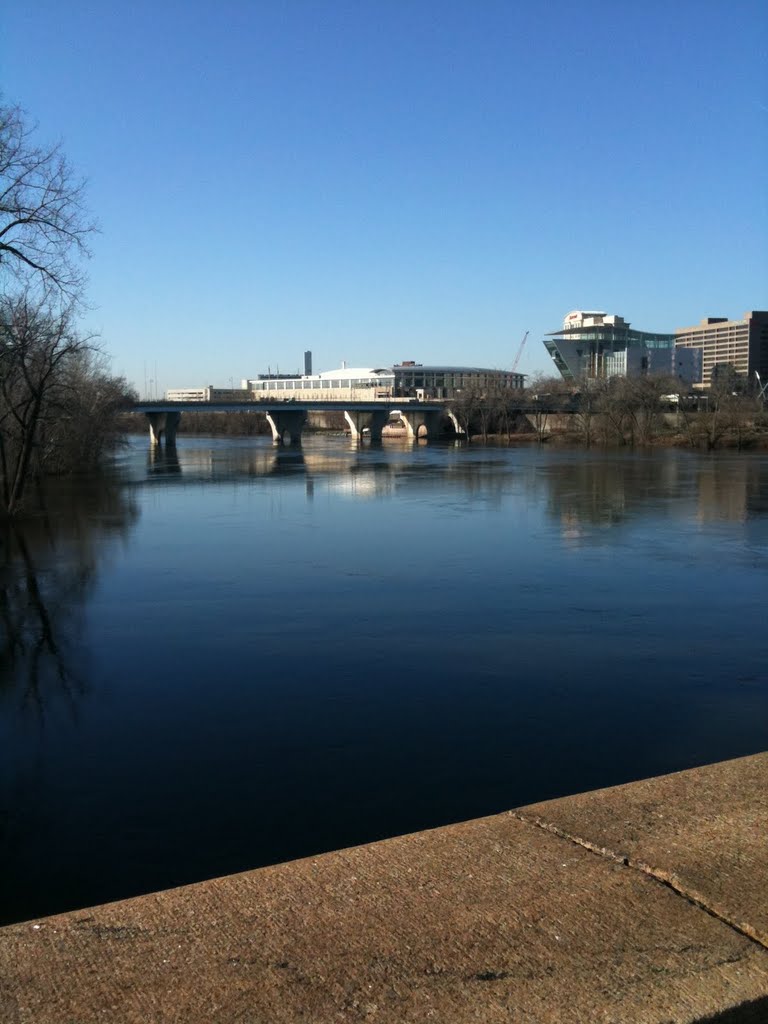 Crossing the Connecticut River on my first bicycle commute to work this year. Looking south toward the science center (on the right) and the convention center (middle).