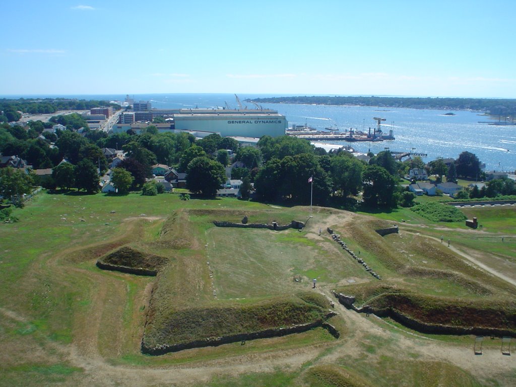 View SW fr. Grotons Fort Griswold Obelisk lookout, ramparts, Electric Boat Submarine shipyard