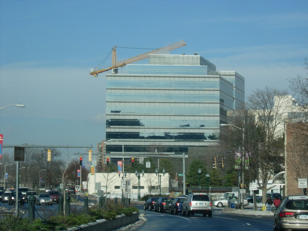 Shiny building with crane