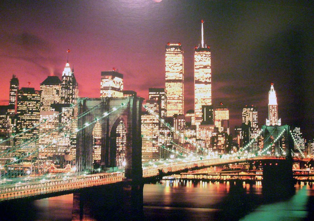 Historical poster: The Brooklyn Bridge with the Twin Towers in the background