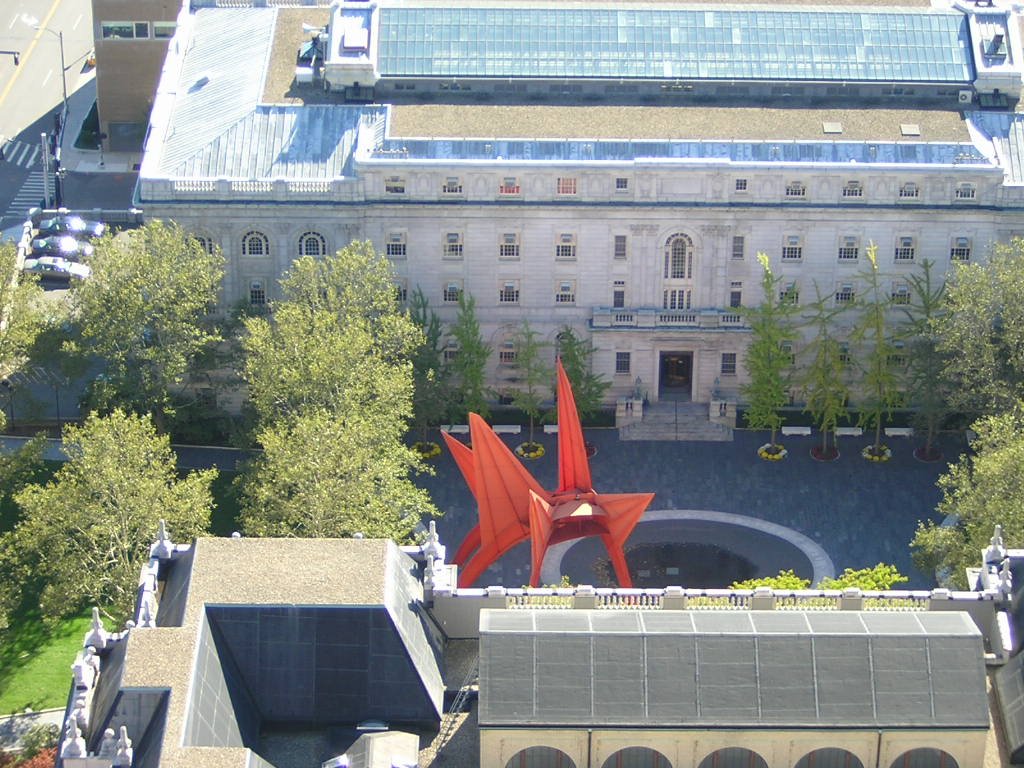 Alexander Calder sculpture in the Wadsworth Atheneum courtyard, viewed from the Travelers Tower
