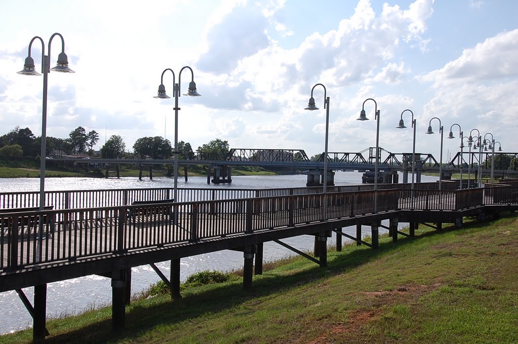 Boardwalk on Ouachita River at South Grand St. showing old railroad bridge