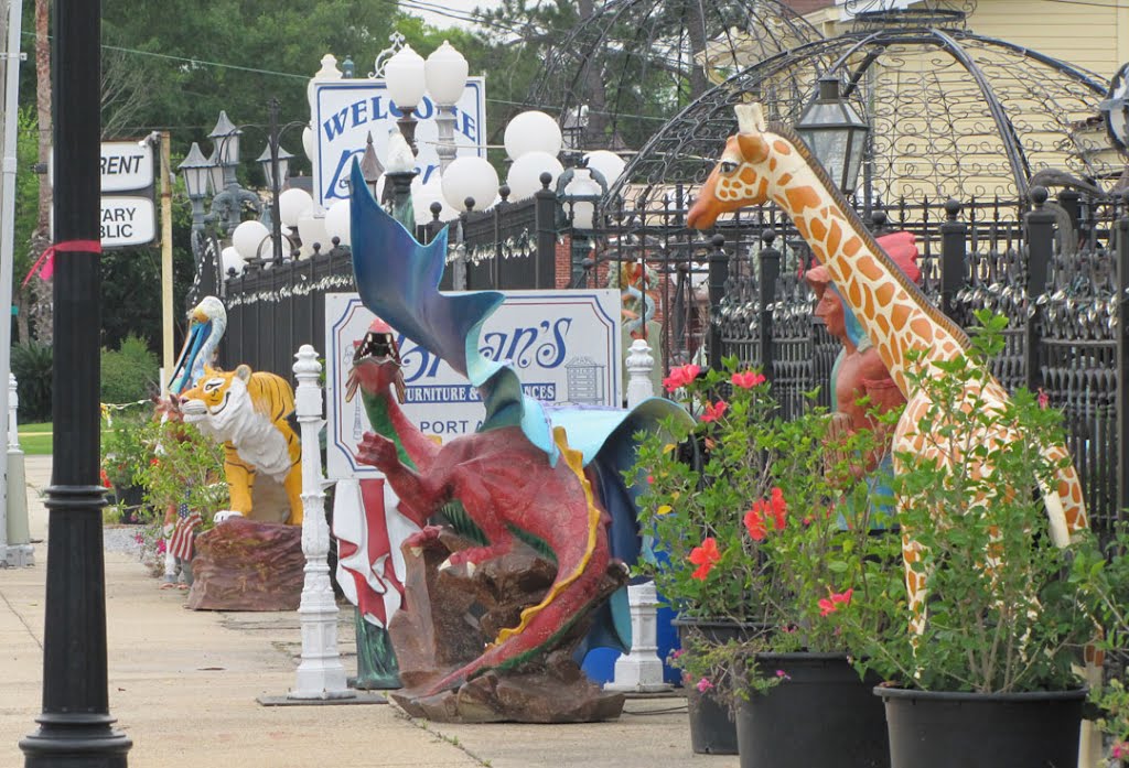 Dragon, giraffe, and pelican