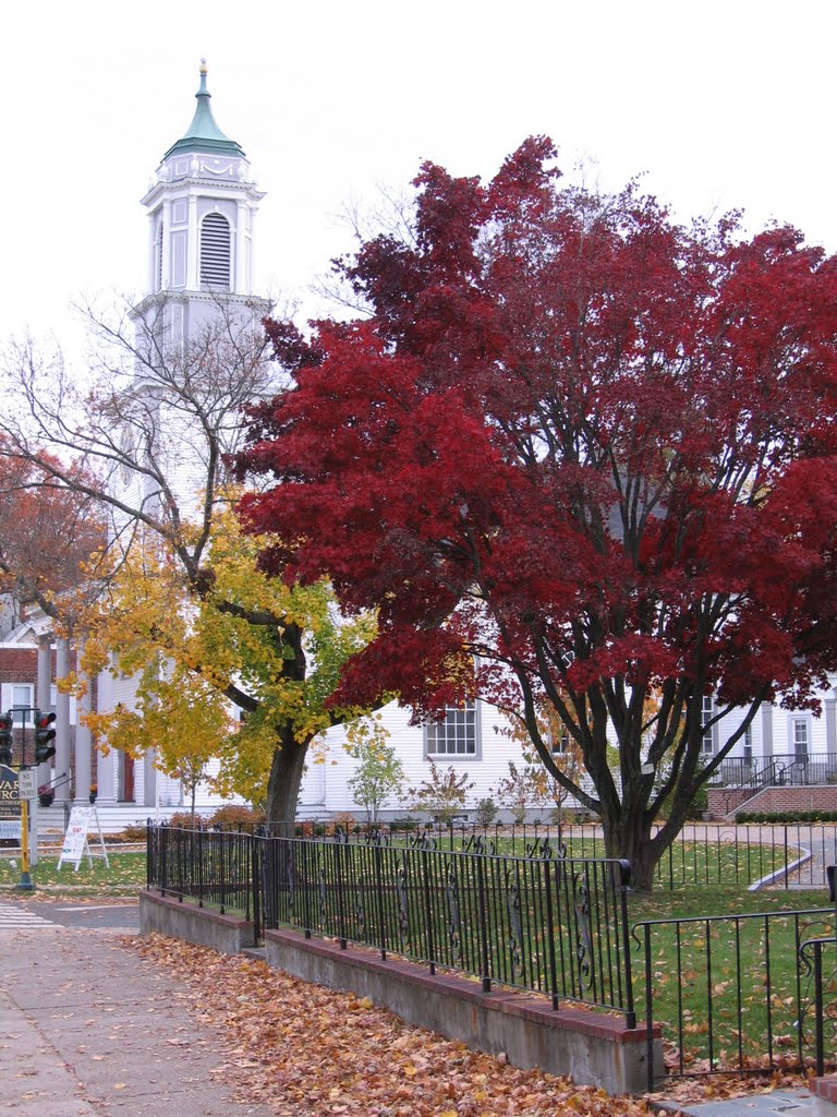 Calvary Churchs steeple in late fall
