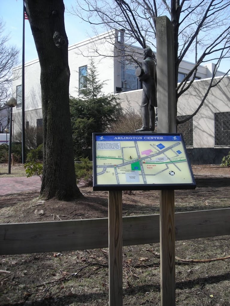 Crossing directions by the Uncle Sam statue near Mystic Street in Arlington Center.  From my trail skating blog at http://minutemantrail.blogspot.com/2008/03/sunny-calm-and-not-that-warm.html.
