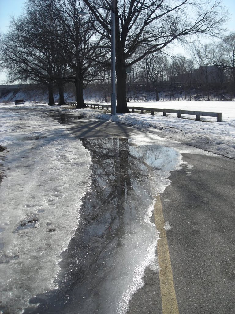 Melting ice on the Minuteman Trail at Thorndike Field in Arlington.  From my trail skating blog at http://minutemantrail.blogspot.com/2009/02/trail-conditions-coming-along-quickly.html.