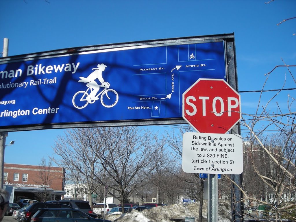 I never knew about the fines -- but Im always afoot or on skates, never on a bicycle.  From my trail skating blog at http://minutemantrail.blogspot.com/2009/02/trail-conditions-coming-along-quickly.html.