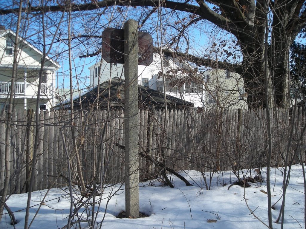 This sign faces away from the trail, toward the dead end of Chandler Street, Arlington.  The nearly obliterated legend on the other side might have said DUMPING FORBIDDEN.  The matching sign across the trail has no trace of lettering any more.  From my tr