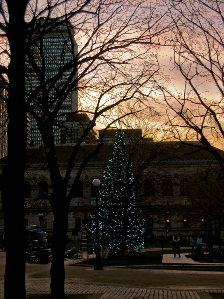 Copley Square Christmas Tree, Boston Public Library and Prudential Building