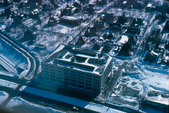 Blizzard of 1978 - Aerial of old Peter Fuller Cadillac Building - Boston, MA