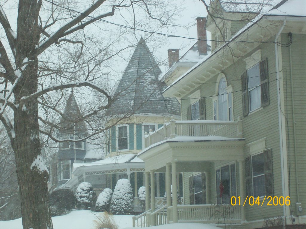 High Street Victorians in snow, Greenfield, MA