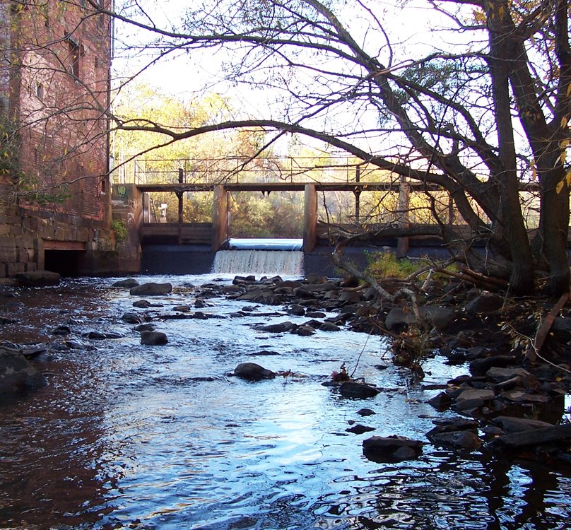 Standing on Adams St., looking upstream at the Walter Baker Dam on the Neponset River. This old dam prevents anadromous fish from migrating to their historical spawning grounds upstream. Learn about efforts to remove this dam that no longer holds floodwat