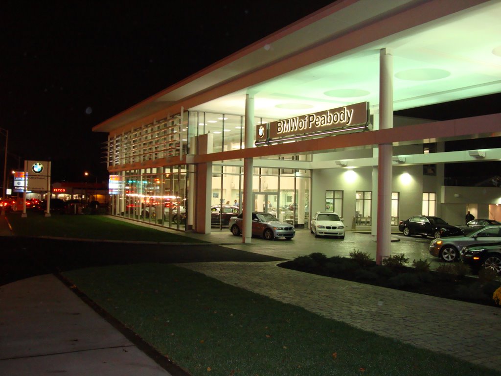 BMW of Peabody, at night
