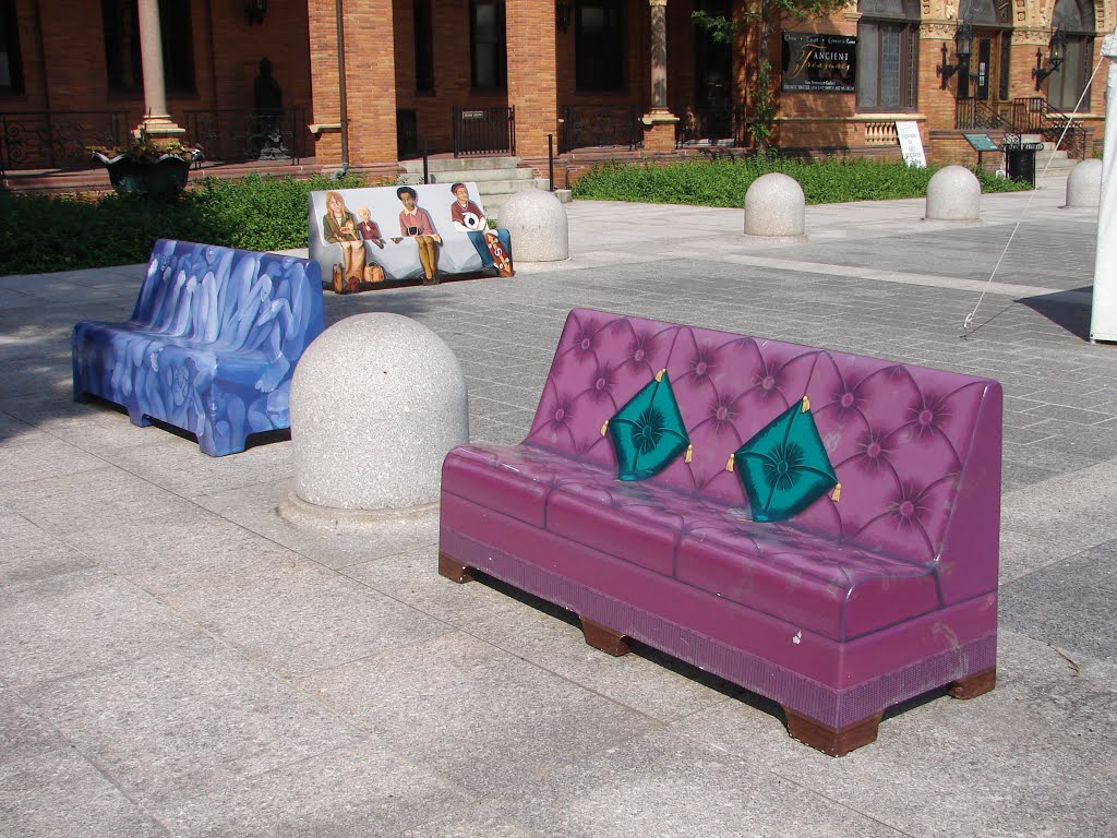 Concrete Benches Painted as Furniture at Dr. Seuss National Memorial Garden, Springfield, MA, USA