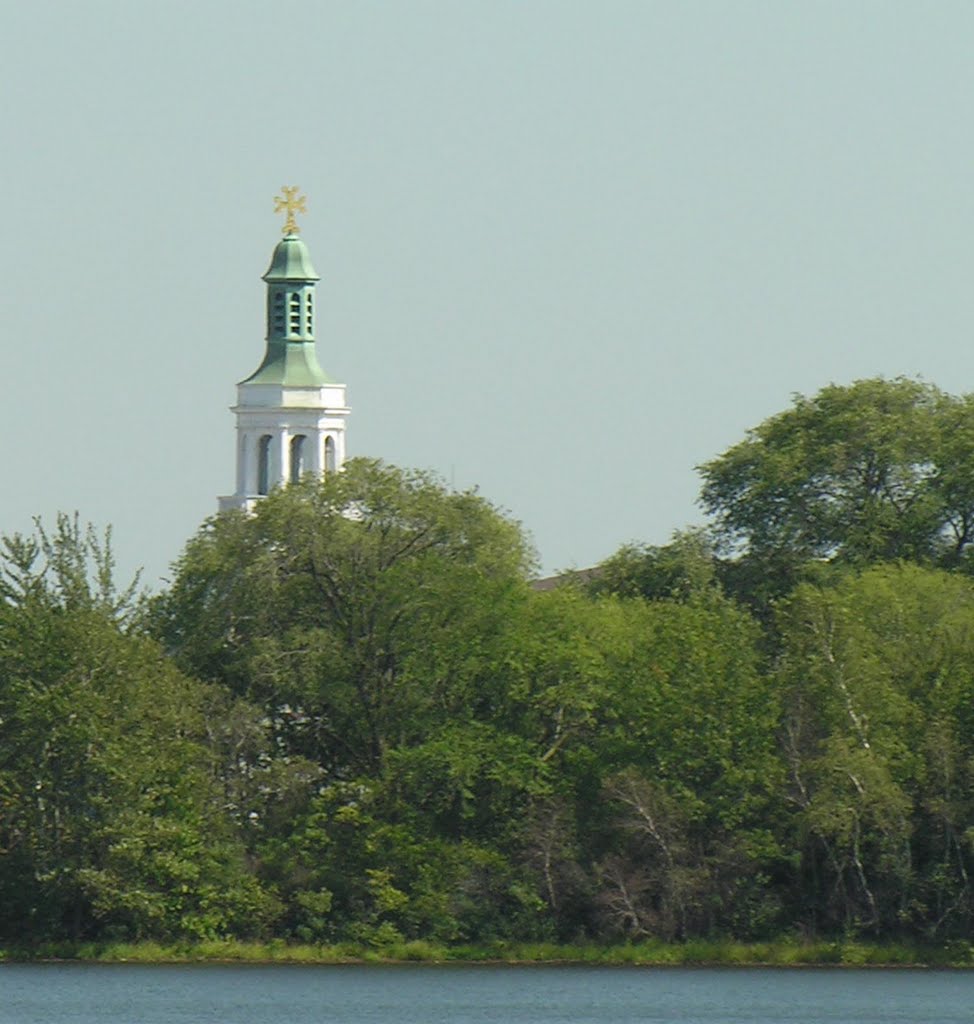 Downtown Framingham Steeple from Farm Pond