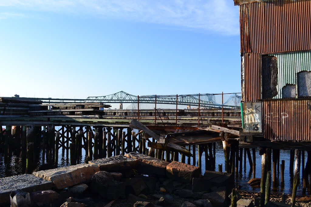 The Tobin Bridge beyond decreped wharf and pier