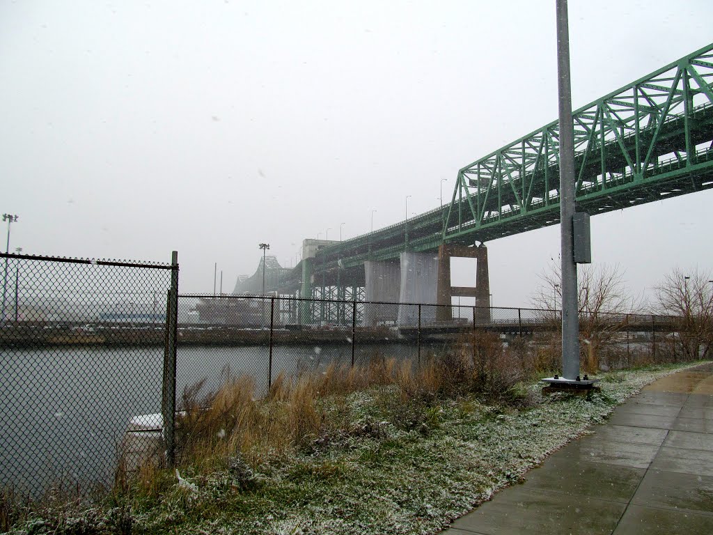 Tobin Bridge in fog and snow.