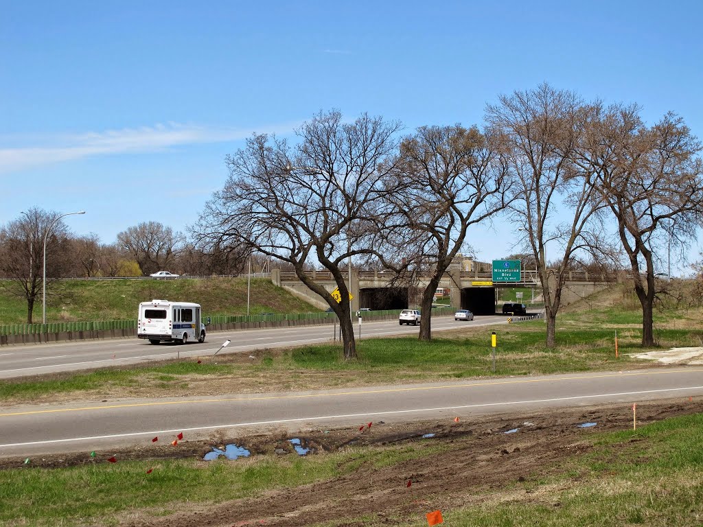 Historic Bridge 5462 (Highway 7 over Highway 100), looking northwest from Lilac Park.
