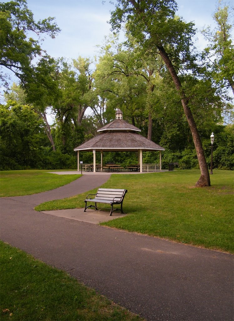 Park Bench and Picnic Pavillion, Manomin County Park, in Fridley, Minnesota
