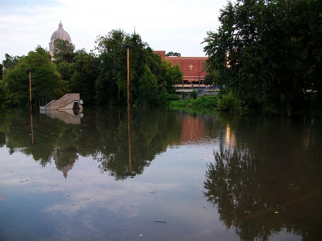 stairway to nowhere in flooded parking lot, Jefferson City, MO