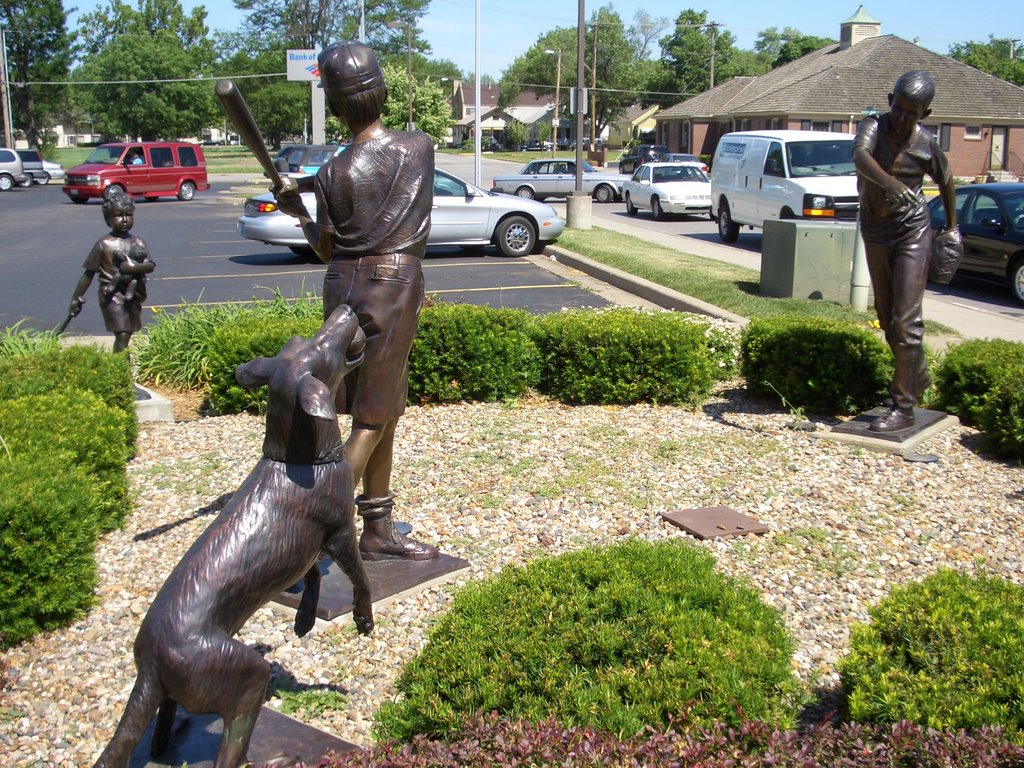 A Legacy, bronze of boys playing baseball with dog and little boy with teddy bear,North Kansas City,MO