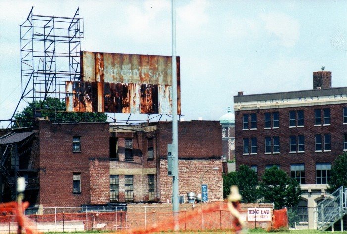 Former site of Sportsmans Park (sign beyond outfield)