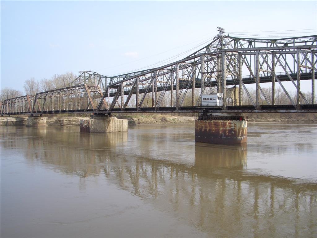 railroad bridge and Amelia Earhart automobile bridge over Missouri River, Atchison, KS