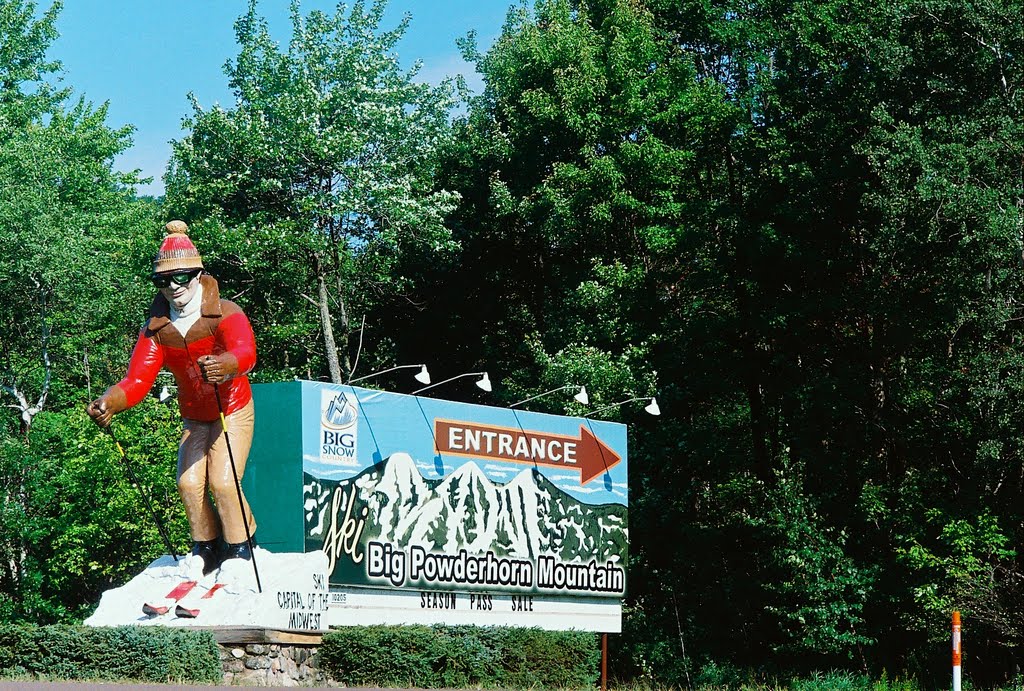 Wack sign for Big Powderhorn Mountain along US 2 in the Upper Peninsula of Michigan near Bessemer MI USA