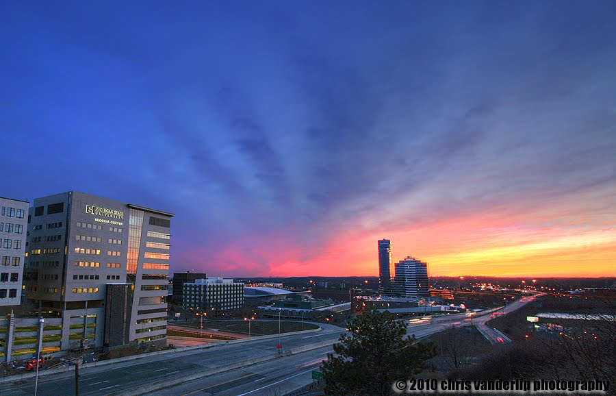 Secchia Center and sunset