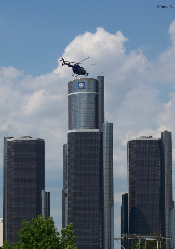Helicopter over GM Renaissance Center, Detroit, MI, US