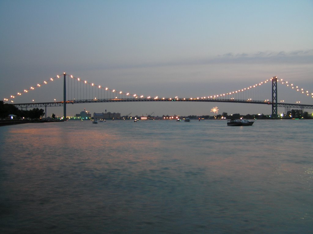River and Ambassador Bridge on fireworks night