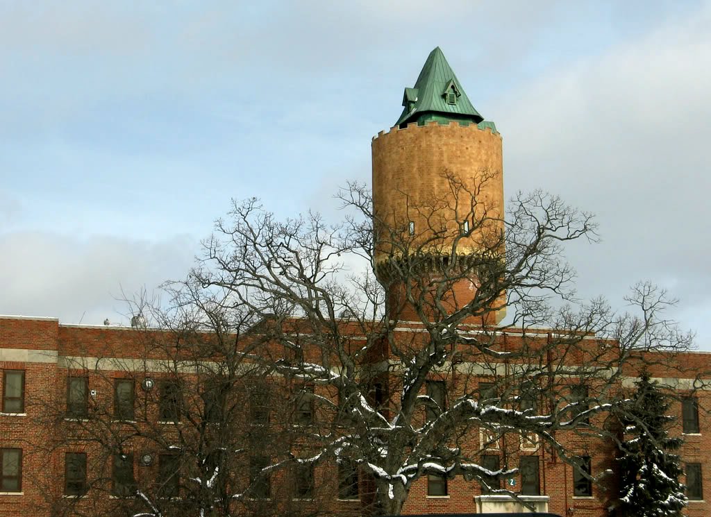 closeup of Kalamazoo Asylum & watertower turret