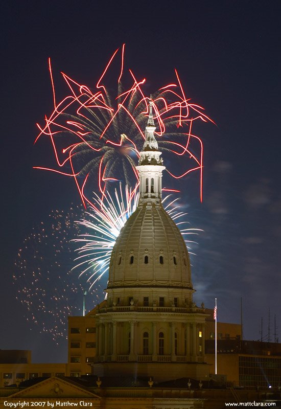 Michigan State Capitol Framed By Fireworks