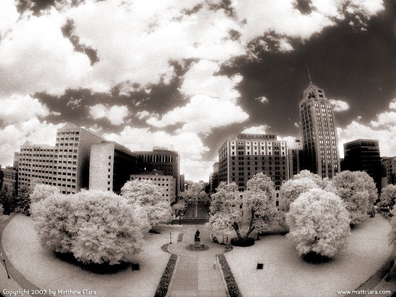 Infrared Fisheye looking out over Lansing, Michigan from the governors office in the old state capitol building.