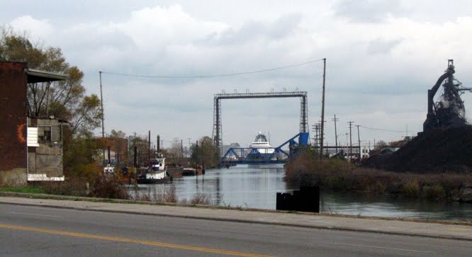 view of freighter entering Zug Island channel