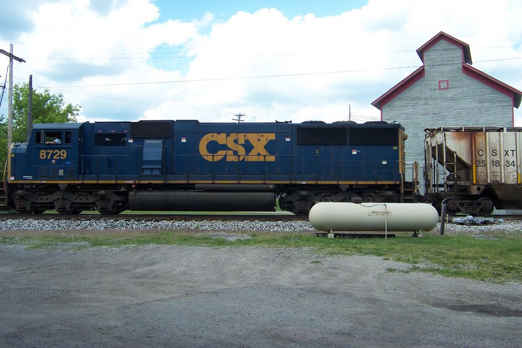 Train passing in front of old mill.