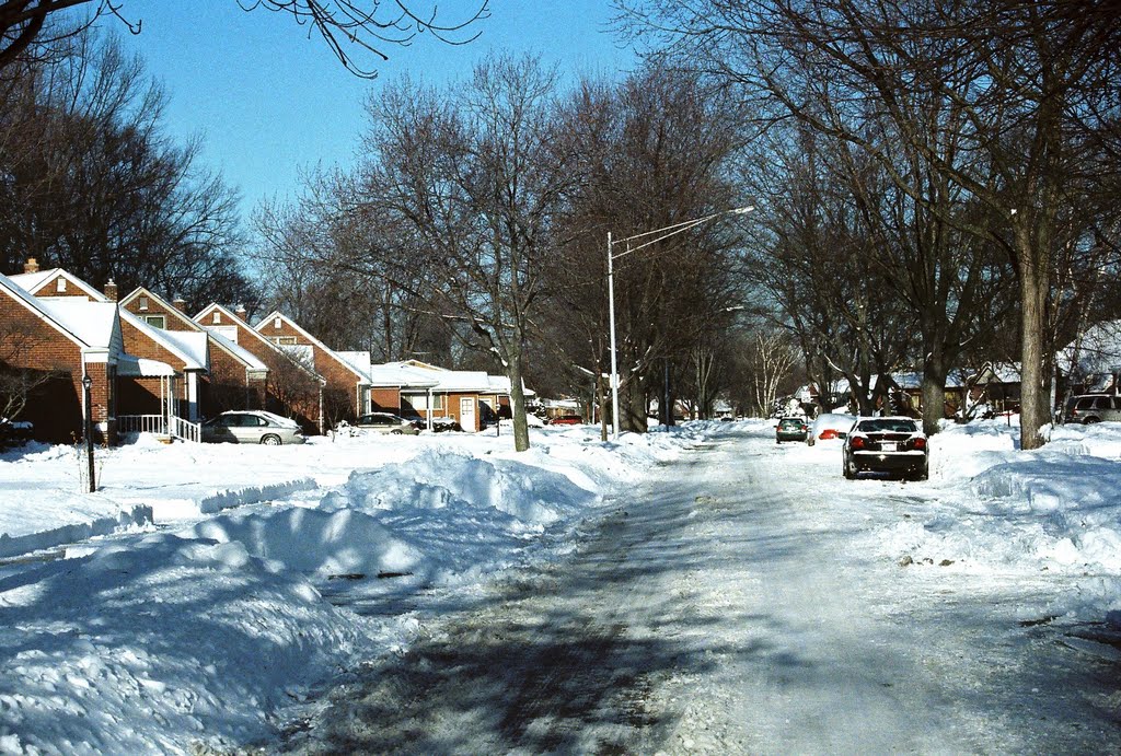 Houses on snowy street in Harper Woods Michigan USA