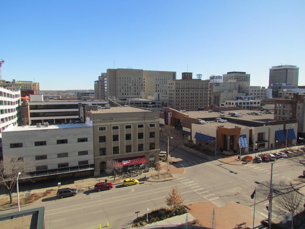 An east-south-easterly view of the intersection of N. 11th and P Streets, from Room 830 at the Embassy Suites-Lincoln Hotel and Conference Centre, 1040 P St., Lincoln, Nebraska