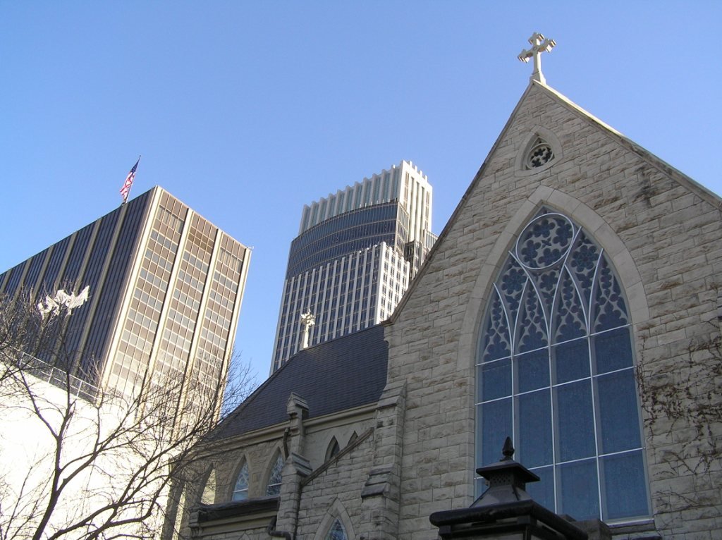 Church of Omaha  and scyscrapers on February 25, 2006