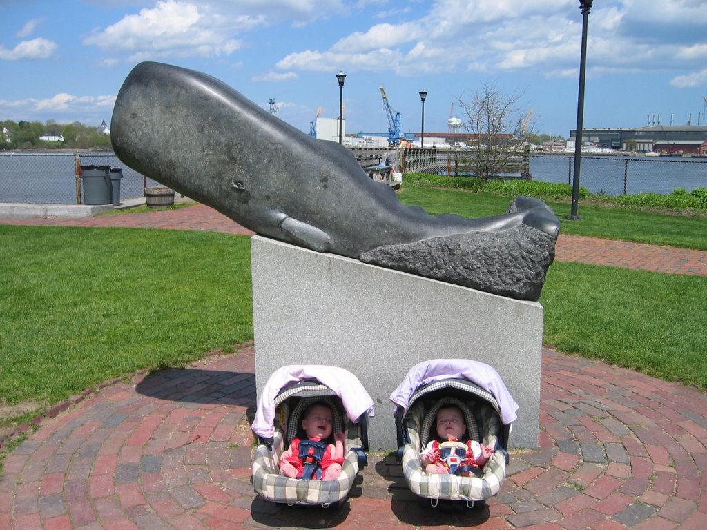 Abby and Zoë in front of Whale at Prescott Park