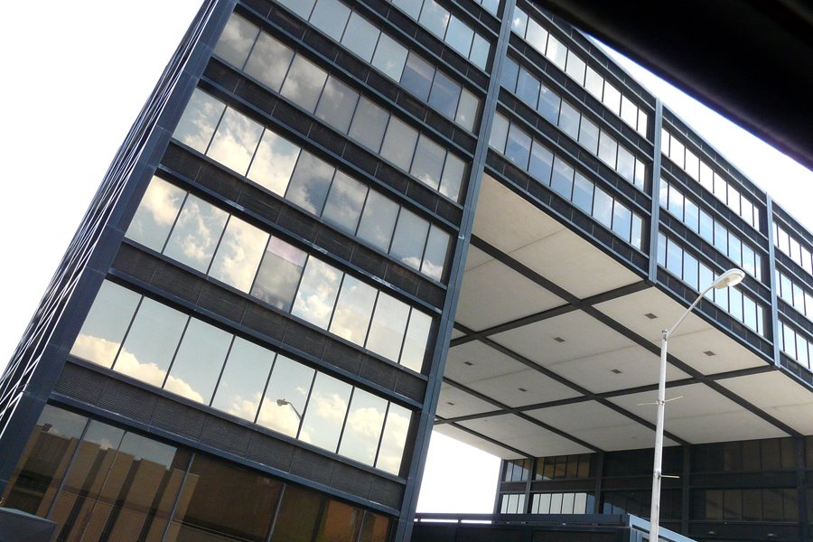 copyrighted__  Unique Empty Glass Office Bldg (now student housing)